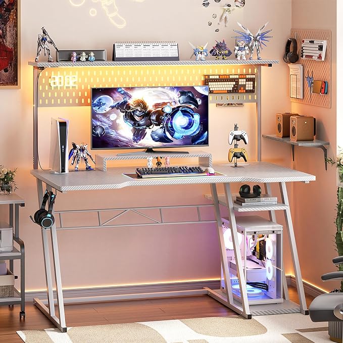 Armocity Gaming Computer Desk with Power Outlets, Gaming Desk with Hutch and LED Lights, Reversible PC Gaming Desk with Pegboard, Carbon Fiber White, 47" - Image 2