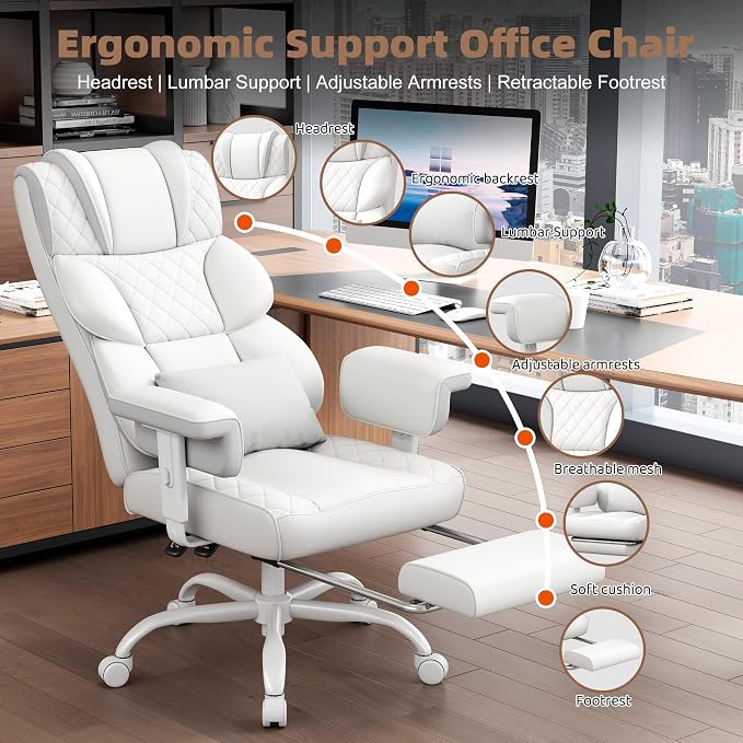 Vonesse Office Chair, Desk Chair with Soft Adjustable Armrests, Ergonomic High Back Gaming Chair with Lumbar Support, Executive Computer Chairs with Footrest (PU Leather,White) - Image 3