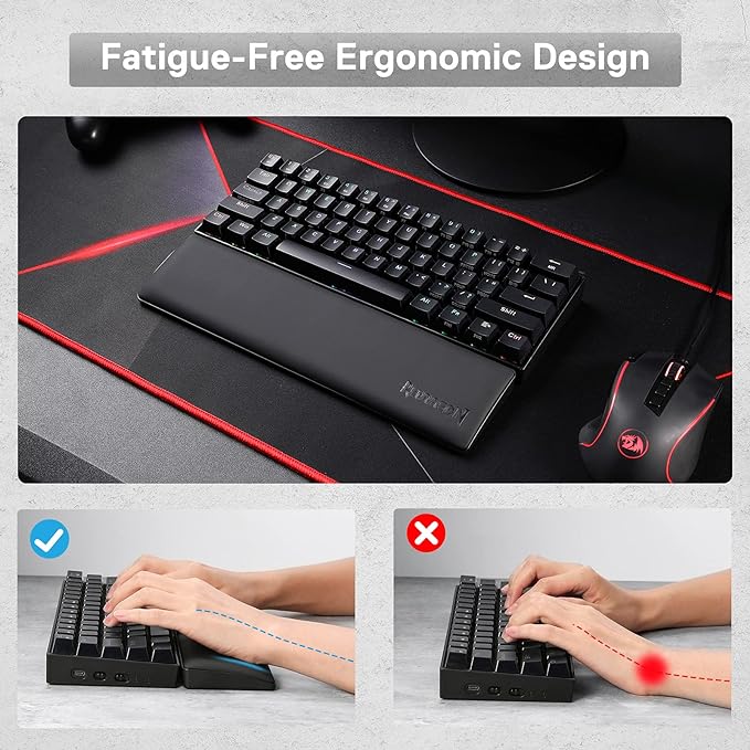 Redragon P035 Meteor S Computer Keyboard Wrist Rest Pad, Ergonomic Soft Memory Foam Wrist Support w/Anti-Slip Rubber Base, 60% 61 Keys Compact Size 11.38 x 2.87 in, 0.78 inch (20mm) Height, Black - Image 6