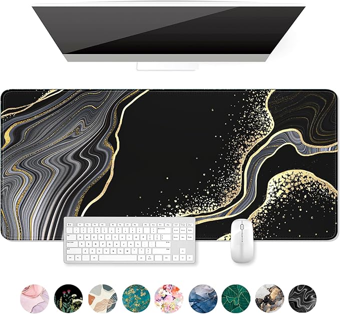 Auhoahsil Extended Mouse Pad, XXL Desk Pad Gaming Mousepad, Large Big Laptop Computer Keyboard Desk Mat with Non-Slip Base Stitched Edge for Gaming Office Men Women, 35.5 x 15.7 in, Black Marble by Auhoahsil