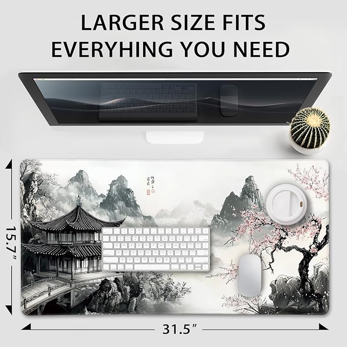 Japanese B&W Cherry Blossoms Gaming Mouse Pad Desk Mat 31.5"x15.7 | Extended Mousepad, Non-Slip Rubber Base , Stitched Edges, for Computer/Laptop/Office/Home - Image 4