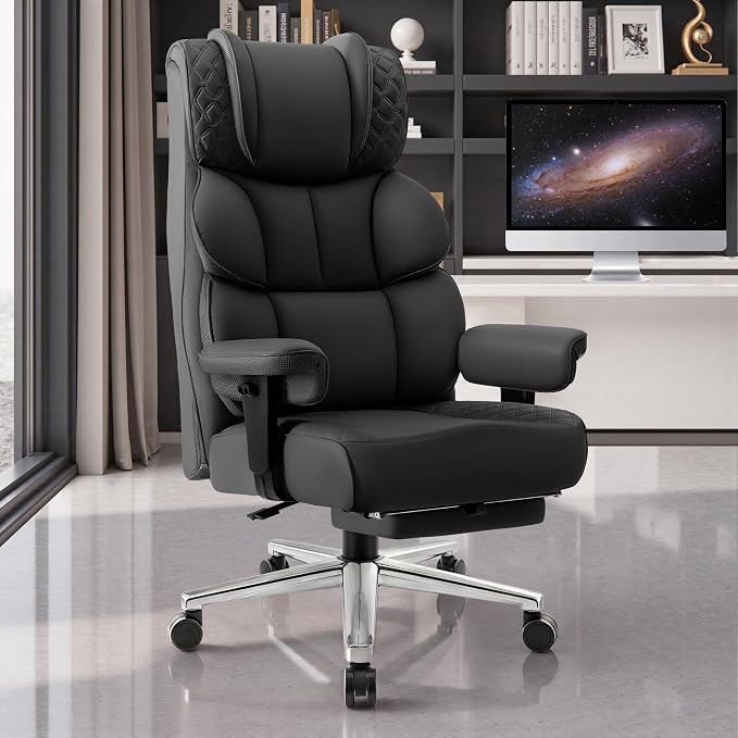 Office Desk Chair, Big and Tall Leather Gaming Chair with Footrest, Wide Ergonomic Comfy Executive High-Back Reclining Computer Chairs, Swivel Rolling Wheels and Padded Lumbar Support, Black Updated by Bestglory