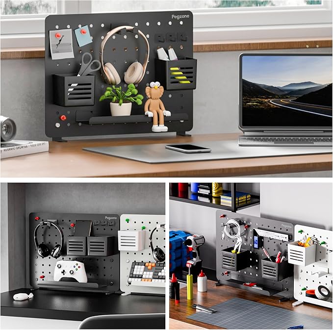 PEGZONE Clamp on Desk Pegboard, 16.5" x 12.6", with 10 Accessories, Black | Magnetic Metal Peg Board, Desk Organizer for Office Gaming Home, Privacy Panel, Medium - Image 3