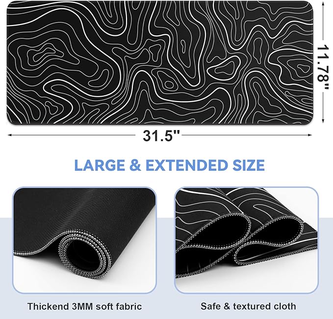 DIGSOM Gaming Mouse Pad, Black with White Topographic Line, 31.5x11.8in | XL Mouse mat, Smooth surface, Anti-slip rubber base, For keyboard and mouse, For home and office use - Image 2