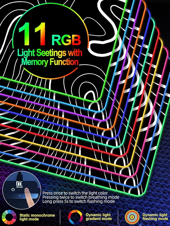 XXL Mouse Pad with Phone Holder - Black, RGB Desk Mat with 15W Fast Charging, LED Gaming Mousepad with 11 Light Colors, Waterproof Non-Slip Pad for Office & Home (Topographic) - Image 4