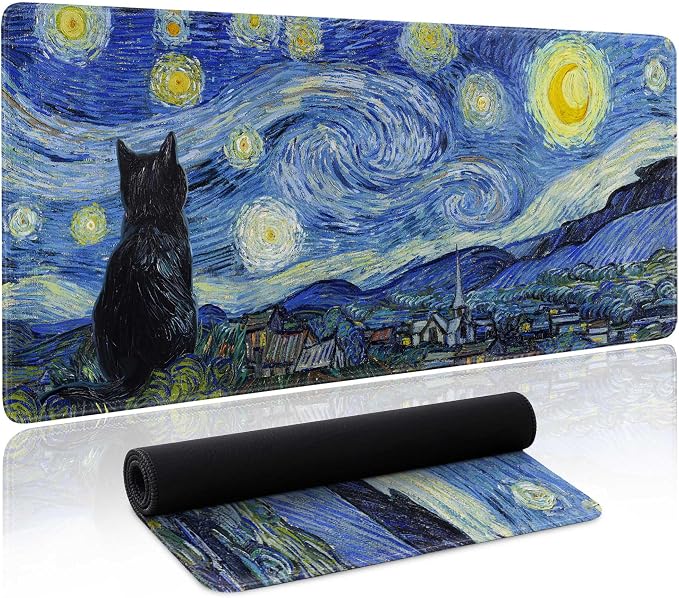 Starry Night Cat Gaming Mouse Pad Large Desk Mat Extended Keyboard Mouse Pad Anime Mousepad with Non-Slip Base and Stitched Edge Mouse Mat Desk Pad 31.5 x 11.8 Mouse Pads for Desk Home Office Gaming by Unknown