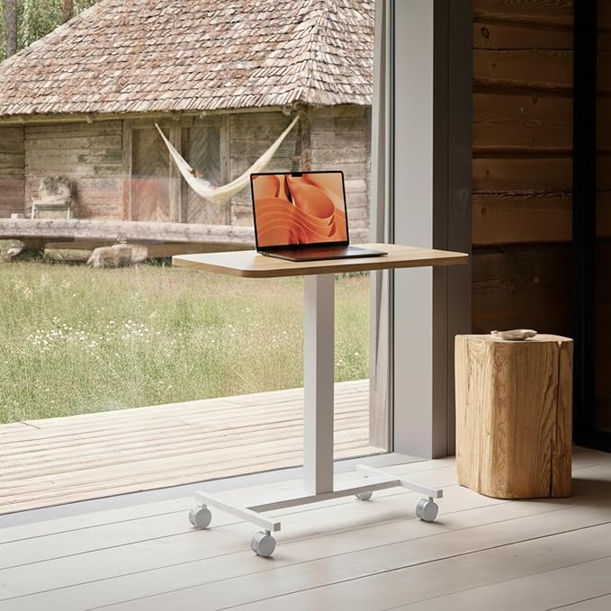 HUANUO Small Rolling Laptop Standing Desk, Height Adjustable Mobile T-Base Desk with Lockable Casters, Portable Sit-Stand Workstation for Bedside & Sofa, Light Walunt - Image 2