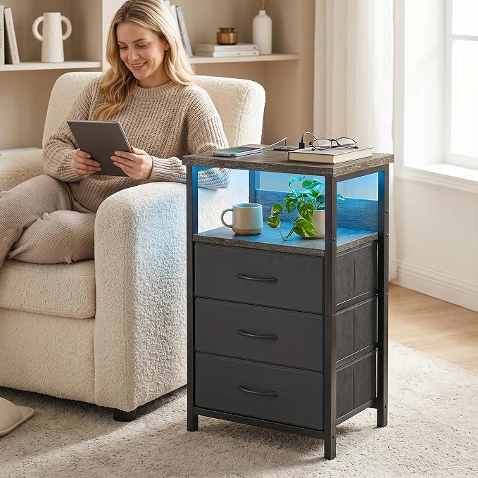 Fixwal Night Stand with 3 Fabric Drawers, Nightstand with Charging Station - Image 7