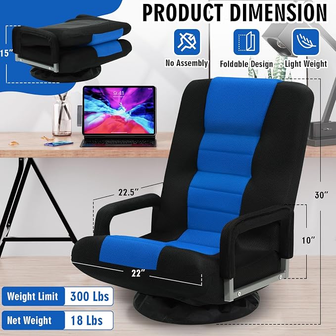 Swivel Floor Gaming Chair w/Armrests, Folding Video Reclining Sofa w/6 Adjustable Position, Padded Backrest & Cushion, Lazy Lounger Couch for E-Sports, Reading, Relaxing, Watching TV, Blue - Image 3