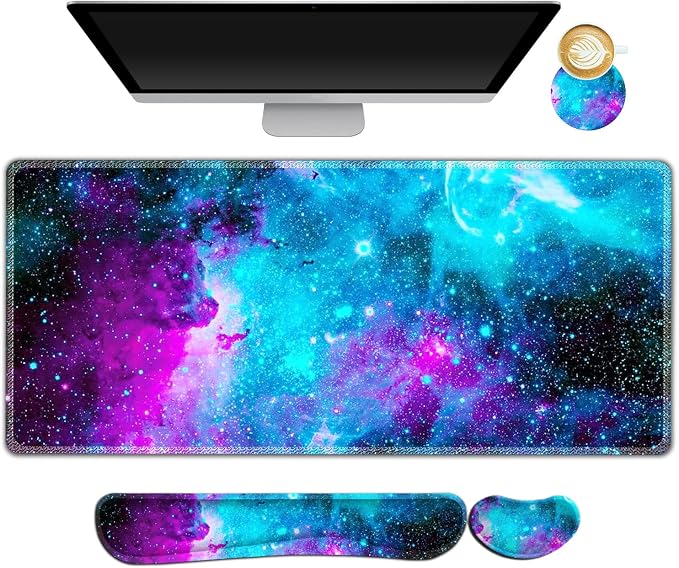 AIMSA Large Gaming Mouse Pad Set, Keyboard Wrist Rest Support Mouse Pad, Ergonomic Memory Foam Multifunctional Extended Desk Mat 35x15.7in Anti-Slip Rubber Base, Galaxy Nebula Universe by AIMSA