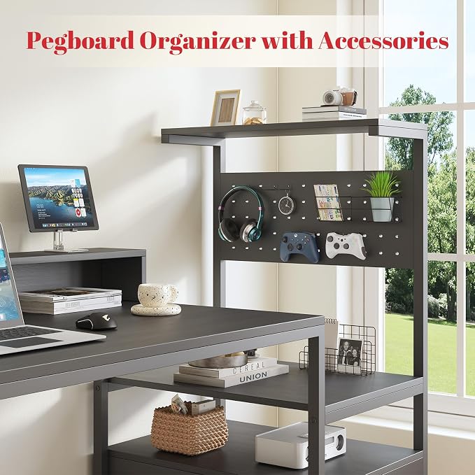 Gaming Desk with Storage Drawers, Computer Desk with Shelves & Charging Station, Corner Writing Table with Pegboard for Small Space, Home Office Desk, Black - Image 4
