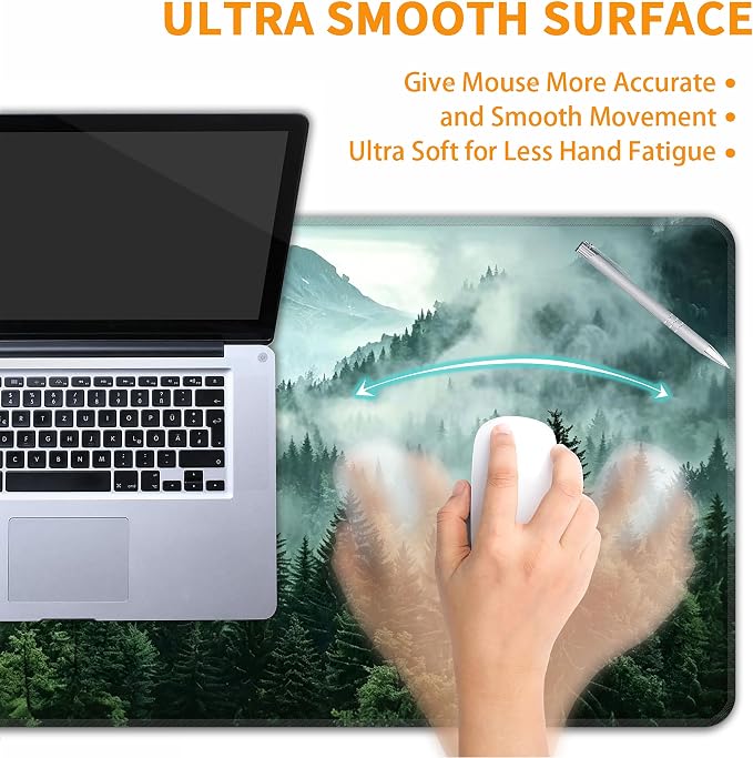 Green Misty Forest Desk Mat, XXL 35.4"x15.7" Large Mouse Pad, Mountains Extended Gaming Mouse Mat,Non-Slip Rubber Base Waterproof with Stitched Edges for Gaming Office Home Decor - Image 5