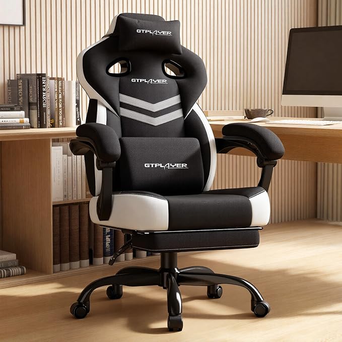 GTPLAYER Gaming Chair for Adults, Ergonomic High Back Chair with Footrest | Big & Tall Computer Video Gaming Chair, Comfort Wide Seat with Lumbar Support for Big/Tall, Office/Home, Linen, Black & Gray by GTPLAYER