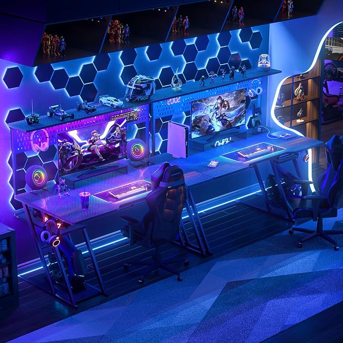 Armocity Gaming Computer Desk with Hutch and LED Lights, 53'' Black Gaming Desk with Storage Shelves, Reversible PC Gamer Desks with Pegboard, Ergonomic Desk for Bedroom, Carbon Fiber Surface - Image 2