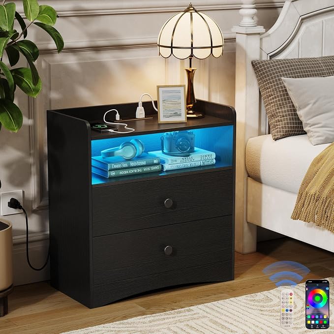 Memobarco Nightstand with Charging Station and LED Light, Black by MEMOBARCO