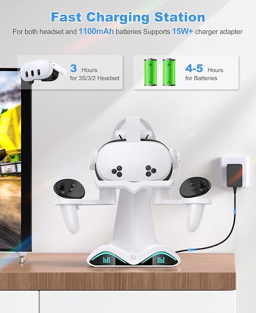 DXKK Charging Dock for Meta Quest 3/3S/2, 15W+ Fast Charger with 4 Pack Rechargeable Batteries, 7 LED Light Modes, USB-C Charging Station for Oculus Accessories - Image 3