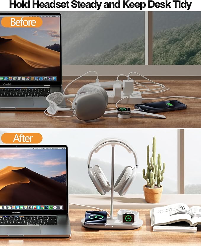 HiWe Headphone Stand, 2-in-1 MagSafe Wireless Charger for iPhone/iWatch | Headset Holder for All Headphones, Aluminum Alloy Bar, ABS Solid Base, PU Headrest, Table Desk Organizer - Image 5