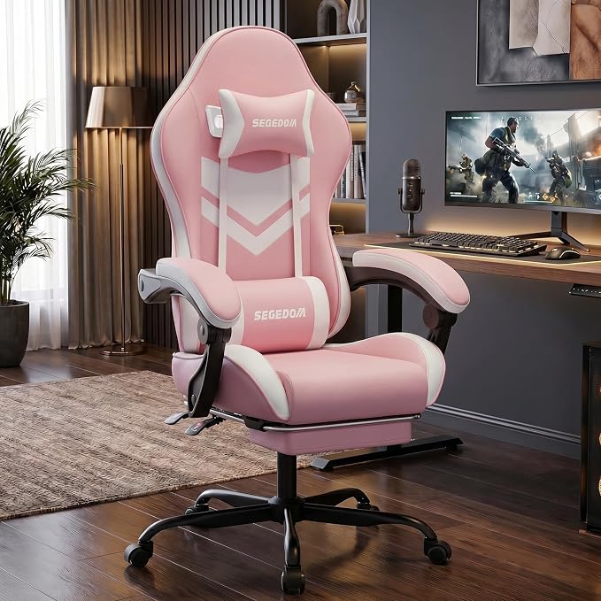 Gaming Chair with Footrest & Massage Lumbar Support, PU Leather Ergonomic High Back Swivel Height Adjustable Chair for Adults, Office Gaming, 300 lbs (Pink White) - Image 2