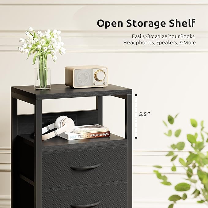 Lazzanto Night Stand with Charger Station for Bedroom, Black Nightstand - Image 6