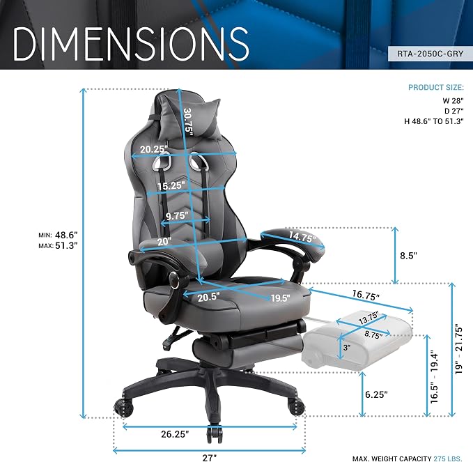 Techni Mobili Executive Gaming Chair with Footrest, 150° Reclining, Grey | PU leather chair, 150 degree recline, footrest, lumbar support, headrest pillow, executive office gaming chair, ergonomic - Image 3