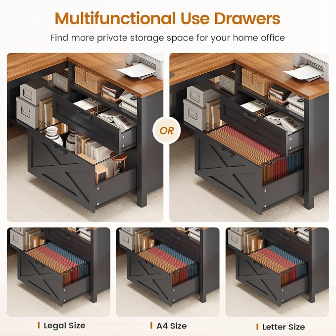 SEDETA L Shaped Gaming Desk with Drawers, 55" Farmhouse Computer Desk with File Drawer and Storage Shelves, Corner Gaming Desk with LED Lights and Monitor Shelf, Black and Brown - Image 5