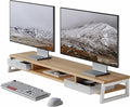 Fenge Dual Monitor Stand Riser, 42.5in Desk Shelf with 2 Drawers, Dark Oak | 2-Tier Monitor Shelf for Desk, Storage Drawer with Stopper, Frosted, fit Home Office, Ultrawide Screen, PC, Laptop, TV by Fenge