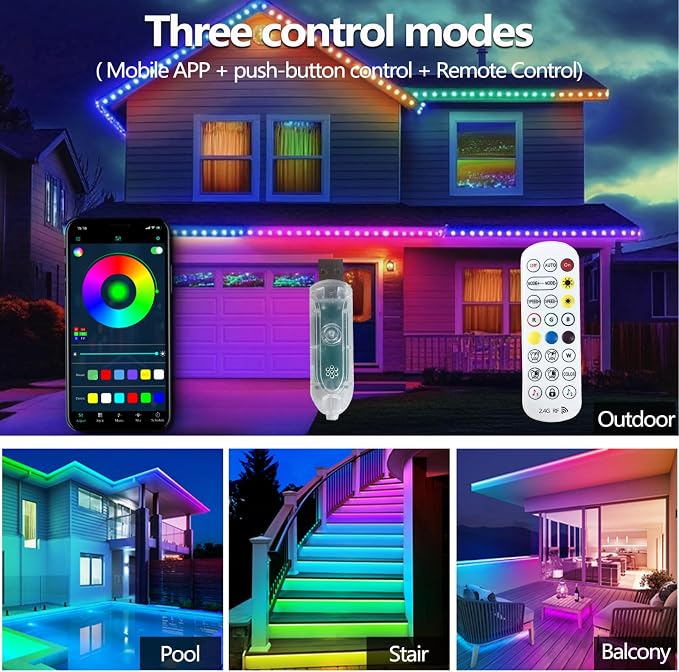 32.8FT Ws2812 RGB+IC LED Strip Lights IP68 Outdoor Waterproof, 5V USB Powered, Music Sync Bluetooth APP/RF Remote Control Lights for Balcony,Deck,Camping,Garden,Bedroom Decor - Image 2