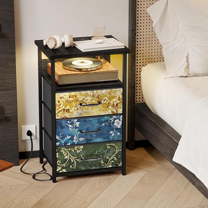 Fixwal Night Stand with 3 Fabric Drawers, Nightstand with Charging Station - Image 7