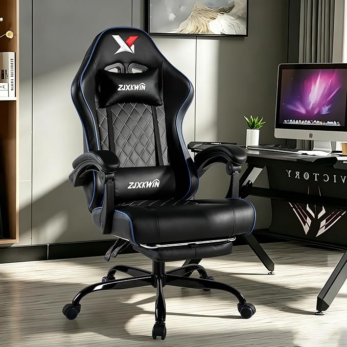 Gaming Chair with Pocket Spring Cushion, Ergonomic High Back Computer Chair with Footrest and Lumbar Support, Adjustable Height 360° Swivel Recliner, Blue - Image 2
