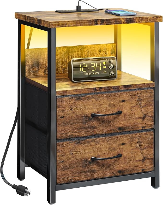 Fixwal Night Stand with Charging Station, Led Nightstand, 2 Fabric Drawers by Fixwal