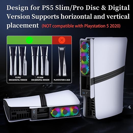 RGB PS5 Slim/Pro Cooling Fan, Auto Power Cooling System for PS5 Pro/Slim, Silent Cooler Fan with 3 Fans/3 Speed/USB 3.0 Port Compatible with PlayStation 5 Slim/Pro Digital and Discs Edition - Image 5