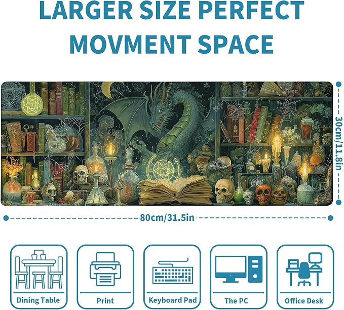 Dark Dragon Mouse Pad Desk Mat XL Extended Large Gaming Desk Pad Mousepad, Mysterious Library Computer Laptop Keyboard and Mouse Mat, Desktop Protector Mat for Office and Home 31.5x11.8 in - Image 2