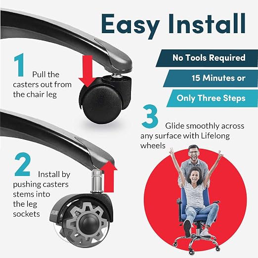 Lifelong 2Inch Office Chair Wheels Replacement, Heavy Duty, Grey, 5-Pack | Rubber Caster, Desk Wheels, Smooth & Quiet, Safe for Hardwood Floors & Carpet, Replace Office Chair Mats, Fits 98% - Image 5
