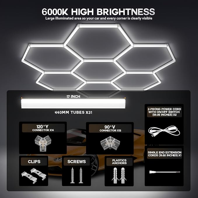 31Lights LED Hexagon Honeycomb Lights,7-Hex Honeycomb Lights 38800Lumens Hexagon DIY Super Bright Garage Light Car Detailing Ceiling 388W LED Shop Light for Warehouse Workshop Gym Basement - Image 5