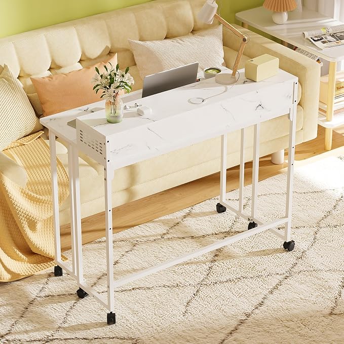 31.5" Folding Desk with Storage Shelf, Small Rolling Desk, White Marble - Image 2