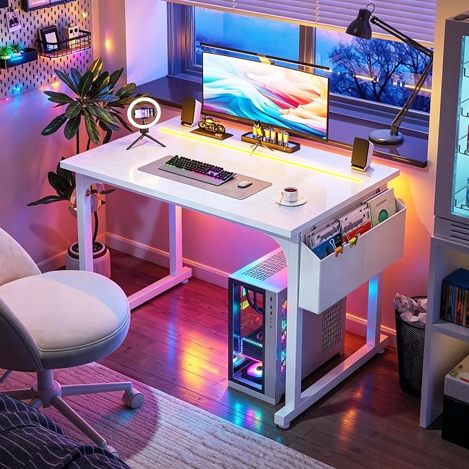 DurayLoly 32" Gaming Desk with Waterproof LED Lights for Bedroom,White - Image 5
