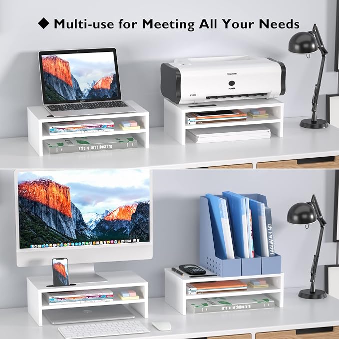 BONTEC Wooden Monitor Stand Riser for Desk, 2-Tier Computer Monitor Stand | 66 lbs Desk Shelf Organizer with Storage, Laptop & Printer Stand with Phone Holder and Cable Management, White, 16.5 Inch - Image 6