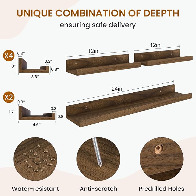 Picture Ledge Shelf, Floating Shelves for Wall Decor, Walnut, 6Pcs, 24'' - Image 3