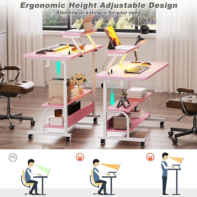 Height Adjustable Standing Desk with Power Outlets and LED Lights - 32" Manual Stand Up Desk with Monitor Stand and Storage Shelves Small Mobile Rolling Computer Desk Portable Laptop Table, Pink - Image 4