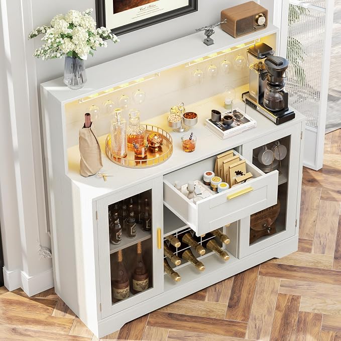 Unikito Coffee Bar Cabinet with RGB LED Light and Storage Hutch, White - Image 6