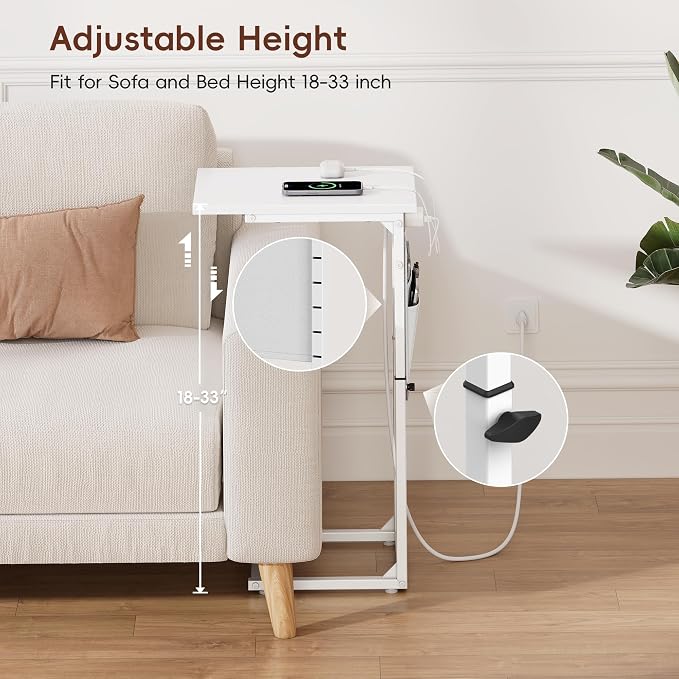 Vagusicc C Shaped End Table with Charging Station, Adjustable Height Side Table for Couch, Small Sofa Table for Small Spaces, Slide Under Sofa Table TV Tray Arm Tables for Living Room, Bedroom, White - Image 5