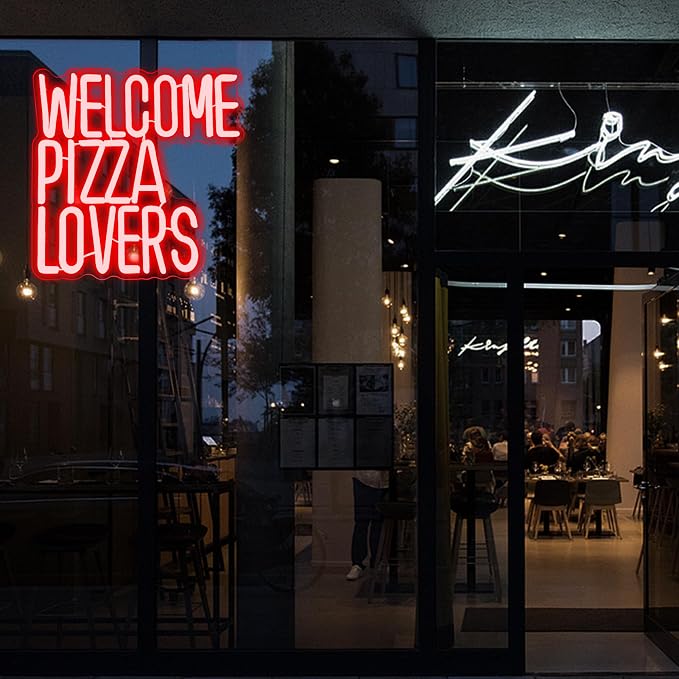 Welcome Pizza Lovers Neon Light, Red Dimmable LED Personalized Pizza Lovers Neon Sign, Family Restaurant Entertainment Room Food Theme Party Wall Neon Sign Decor Holiday Gift For Pizza Lovers, Children, Family (12.9*12.5in) - Image 4