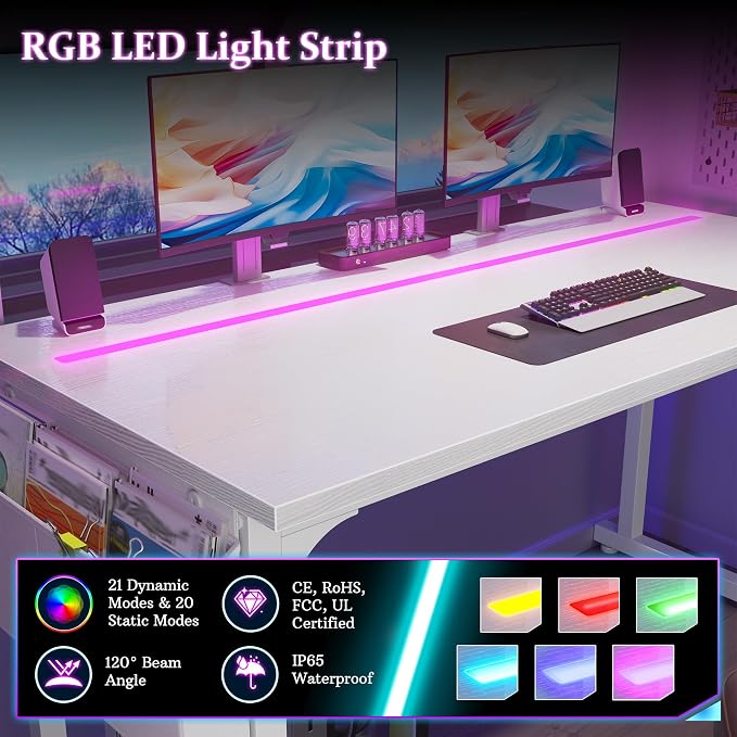 DurayLoly 32" Gaming Desk with Waterproof LED Lights for Bedroom,White - Image 8