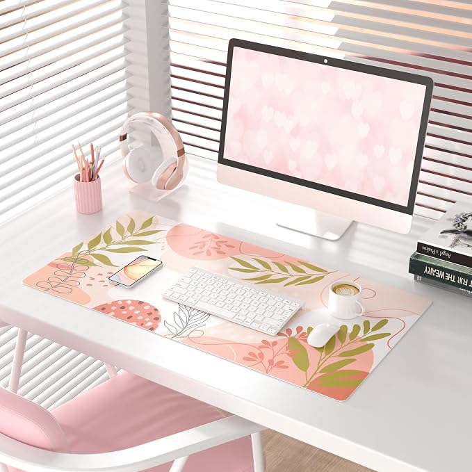 QiyI PU Leather Large Mouse Pad, 31.5" x 15.7", Minimalist Pink | Desk Décor Accessories, Extended Size, Waterproof & Easy to Clean, Smooth Surface, Non Slip Desk Organization - Image 2