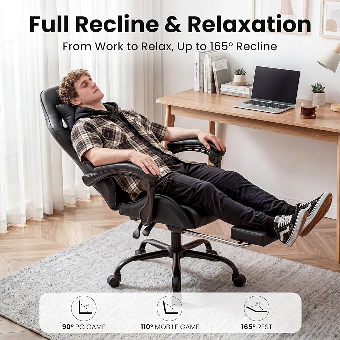 Gaming Chair, Ergonomic Footrest, Lumbar & Headrest(Black) | Steel frame, PVC leather & memory foam; 330 lb; 21" seat; 360° swivel, 90–155° recline; easy assembly; gaming & work - Image 4