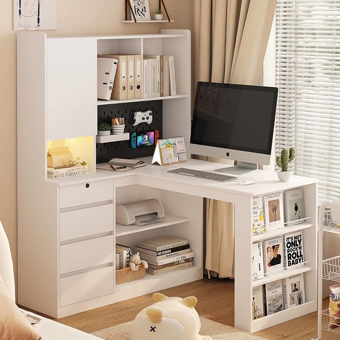 KEIKI L Shaped Home Office Desks with LED Light, Pegboard, Hutch, Drawers, Bookshelf & Storage Shelves, Modern Wooden Gaming Computer Corner Table for Work, Study, Writing by KEIKI