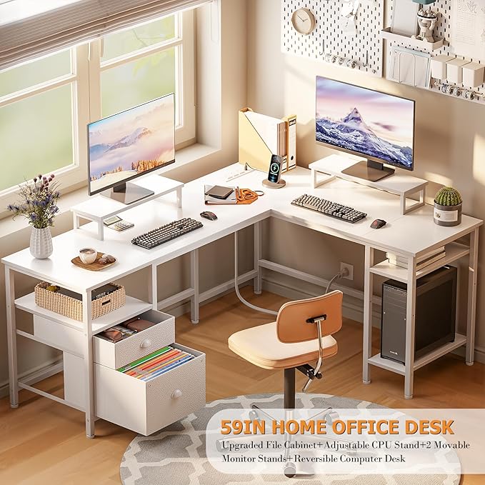 Furologee White 59” L Shaped Desk with Power Outlet, Reversible Computer Desk with File Drawer & 2 Monitor Stands, Corner Home Office Table with Storage Shelves for Gaming Writing - Image 4
