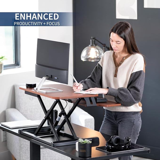 VIVO Dark Walnut 26 in Standing Desk Converter, DESK-V026KA | Height Adjustable, Stand Up Desk Riser, Wide Keyboard Tray, Dual Monitor and Laptop Workstation, Black Frame, K Series - Image 4