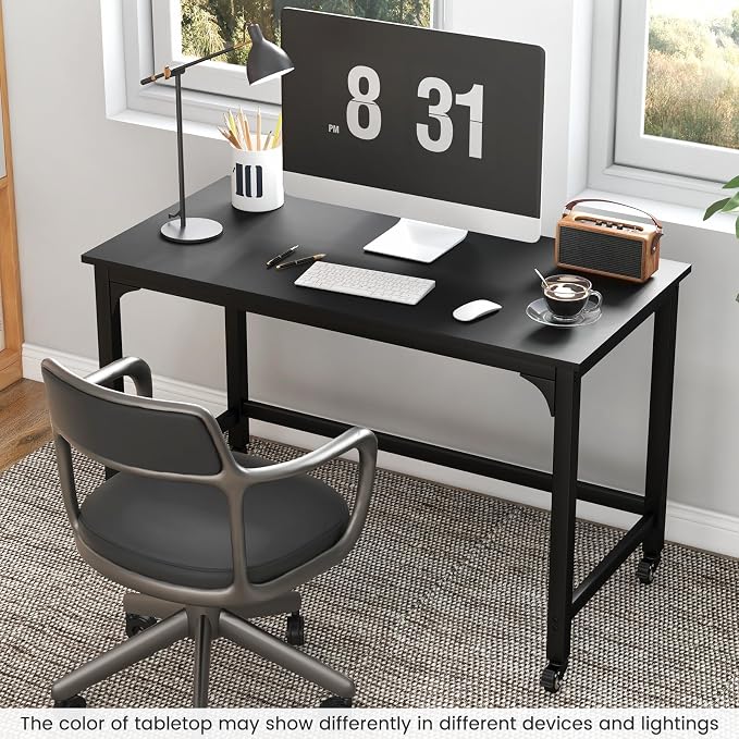 COSTWAY 48” Mobile Computer Desk, Home Office Desk on Wheels, Simple Study Writing Table with 4 Lockable Wheels, Metal Frame, Rolling Laptop PC Table for Small Space (Black) - Image 2