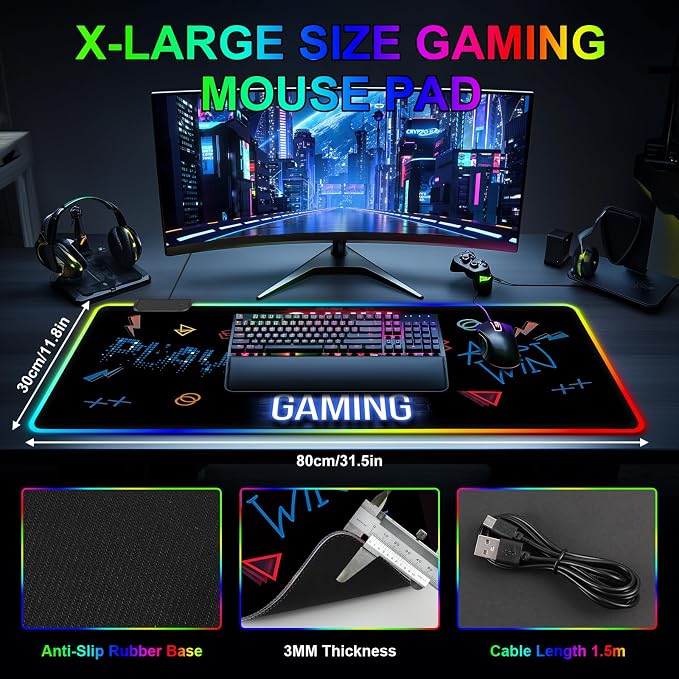 RGB Mouse Pad, Gaming Mousepad with 13 LED Light Modes | Large Mouse Mat with Non-Slip Rubber Base for Computer Keyboard Desk, 31.5X11.8inch - Image 4